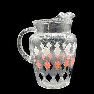 Vintage Hazel Atlas Glass Pitcher 7” Black Pink Diamond Harlequin Argyle Pattern